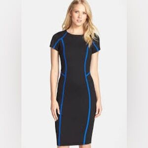 Felicity & Coco Black Midi Dress with Blue Trim. Body con style. medium